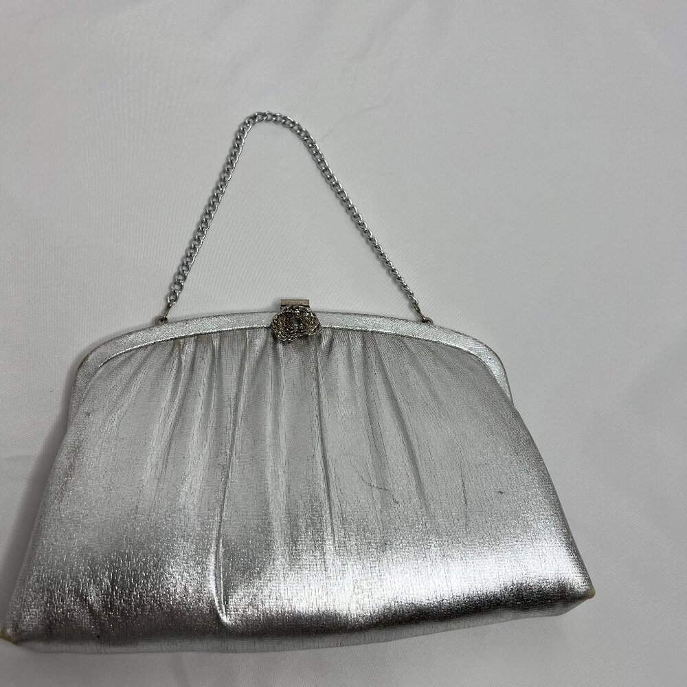 Vintage Silver Clutch Purse with Ornate Clasp and Silver Chain